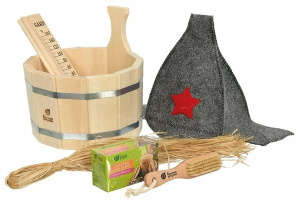 Набор из 6 пр. (ушат 5л, щетка с пемзой, мочало лыковое, запарка, термометр, шапка Б) 796741