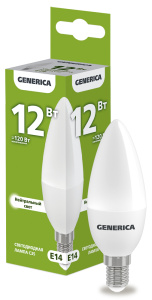 Лампа светодиодная C35 свеча 12Вт 230В 4000К E14 GENERICA  LL-C35-12-230-40-E14-G